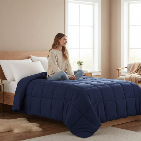 Couette 140x200 marine femme assise regarde vers fenêtre