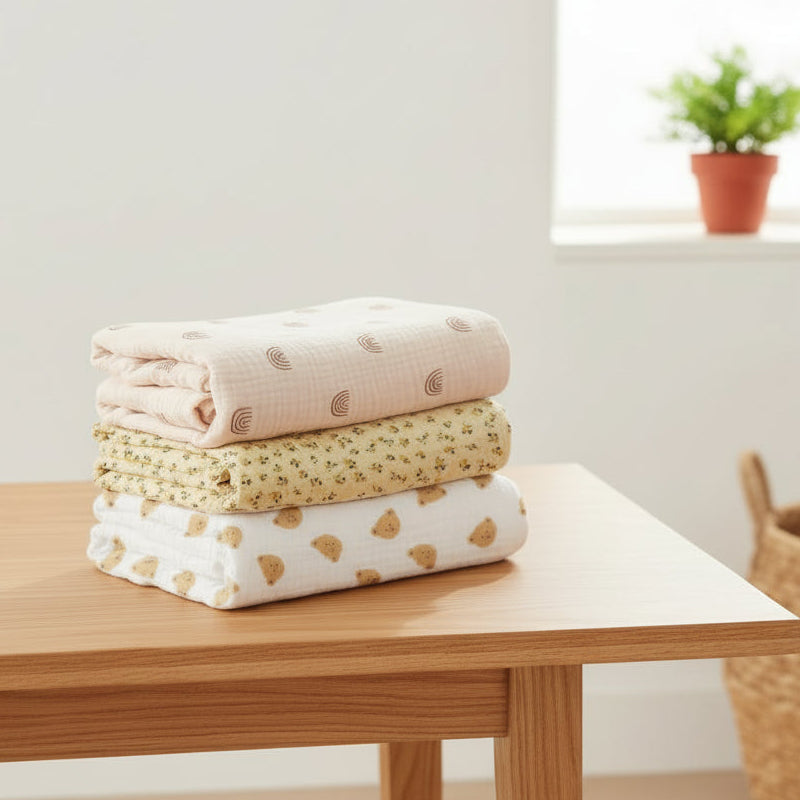 Couverture bébé lot de 3 pliée sur table