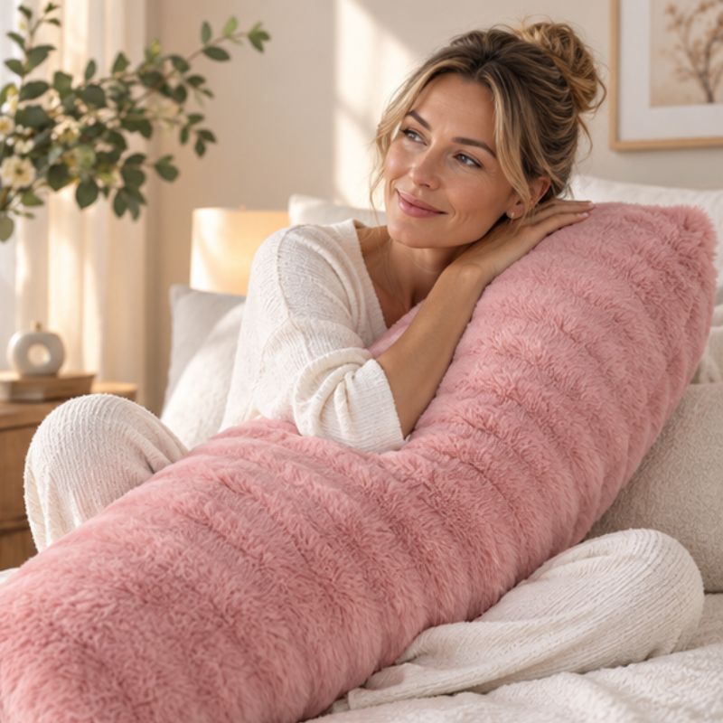 Taie d'oreiller double femme souriante-assise tenant oreiller