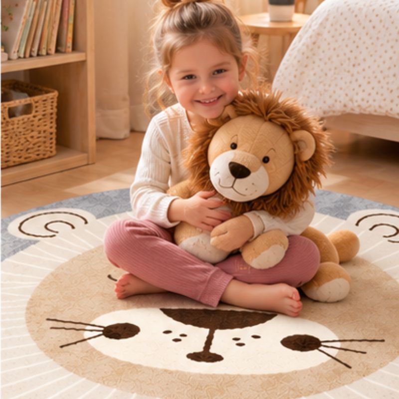 Tapis rond enfant fillette souriante assise tenant lion peluche