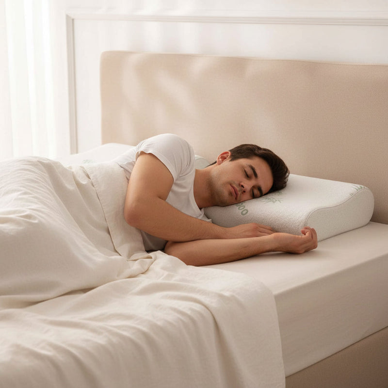 Oreiller ergonomique cervical homme endormi couché sur le côté