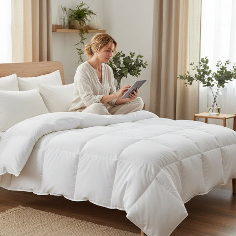 Couette 1 personne chambre avec plantes femme assise