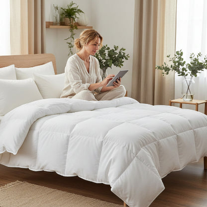Couette 1 personne chambre avec plantes femme assise