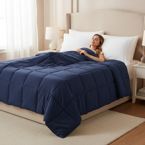Couette 140x200 marine femme couchée apaisée