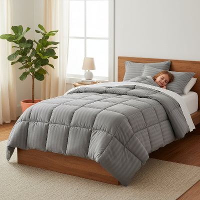 Couette 140x200 rayures grises enfant couché apaisé