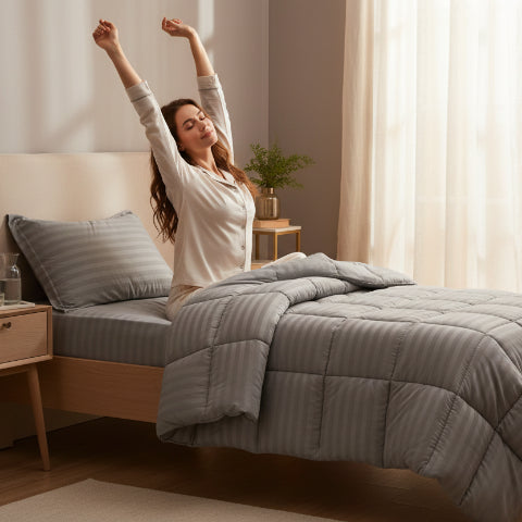Couette 140x200 rayures grises femme s'étire