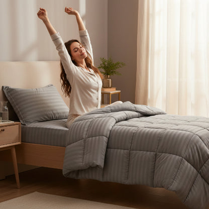 Couette 140x200 rayures grises femme s'étire