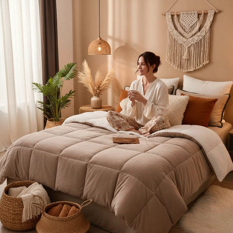 Couette 2 personnes beige femme assise tenant café