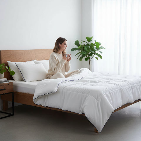 Couette 200x200 blanche chambre femme assise avec café