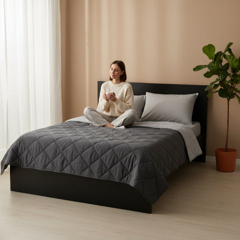 Couette 200x200 grise chambre femme assise tenant café