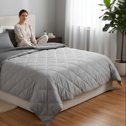 Couette 200x200 grise chambre femme assise