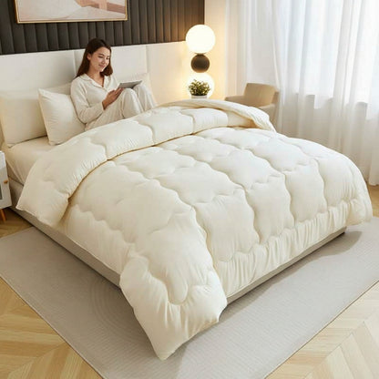 Couette 200x200 jaune chambre femme assise avec livre