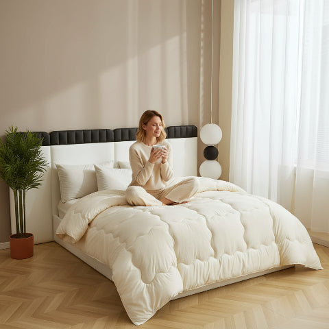 Couette 200x200 jaune chambre femme assise tenant café