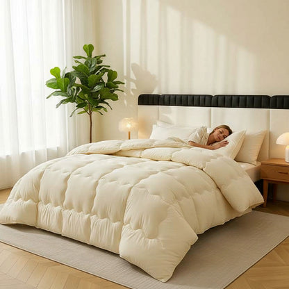 Couette 200x200 jaune chambre femme couchée apaisée