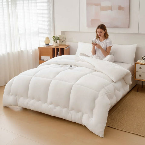 Couette 220x240 blanche femme assise avec portable