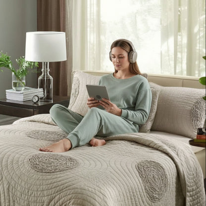 Couette 260x240 beige chambre femme casque d'écoute et tablette