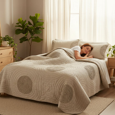 Couette 260x240 beige piqué chambre femme assoupie