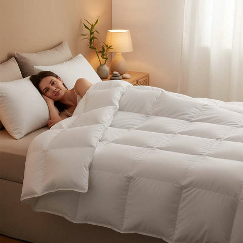 Couette 260x240 pur oie lit femme couchée