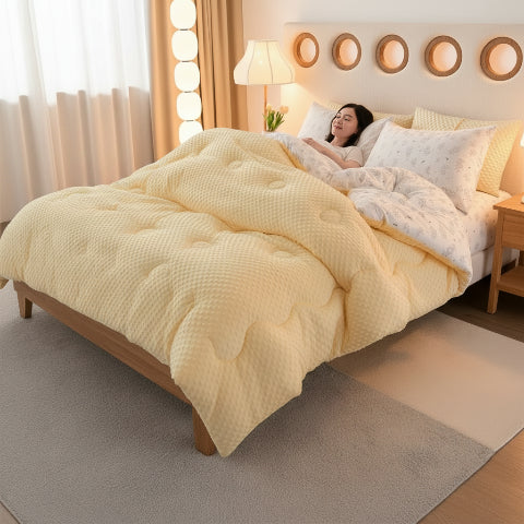 Couette imprimée blanche et jaune femme couchée sereine