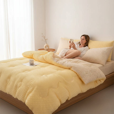 Couette imprimée grise et jaune femme assise avec portable