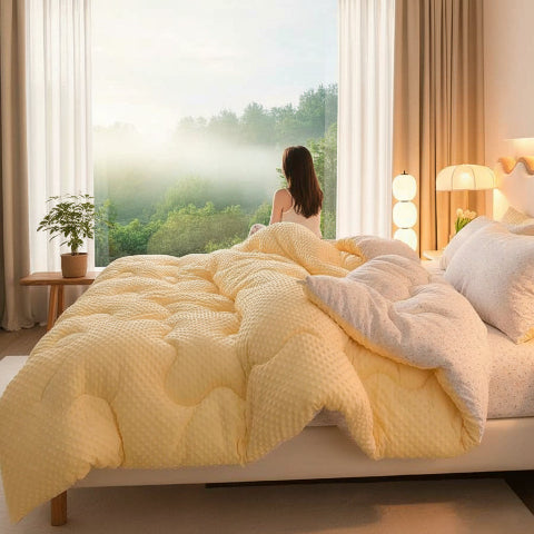 Couette imprimée grise et jaune femme regarde l'extérieur