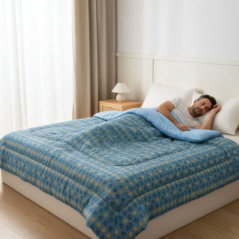 Couette imprimée Minky bleu homme couché serein