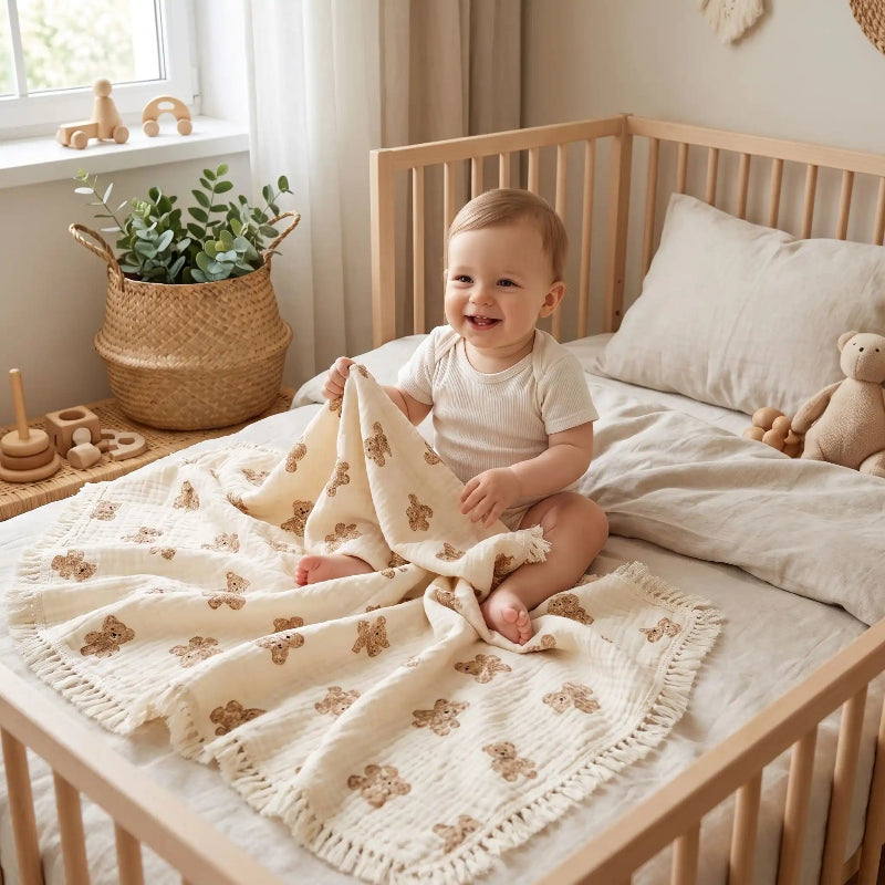 Couverture bébé mousseline enfant souriant assis