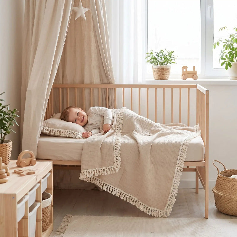 Couverture bébé mousseline enfant souriant couché ciel de lit