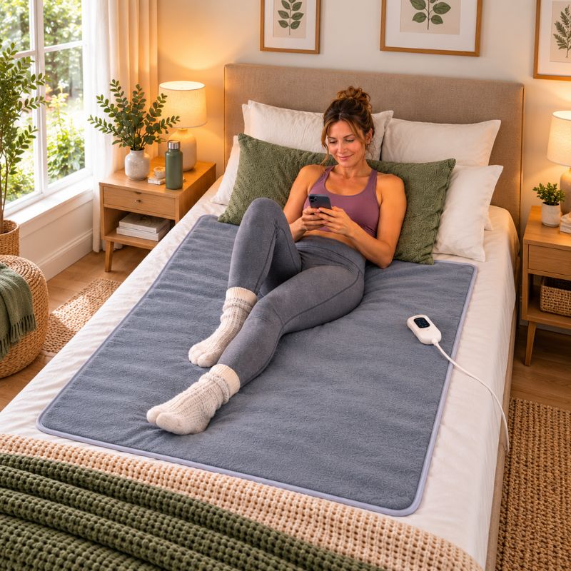 Couverture chauffante électrique femme allongée regarde son portable