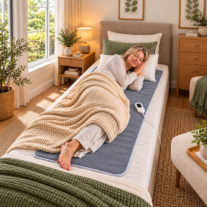 Couverture chauffante électrique femme couchée apaisée