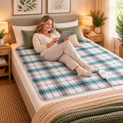 Couverture électrique pour lit femme allongée avec tablette