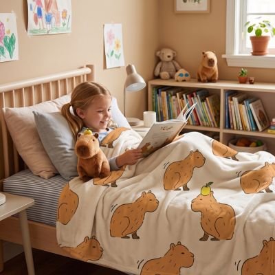 Couverture enfant capybara fillette couché lecture lit
