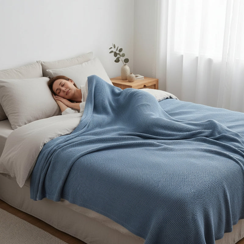 Couverture lit coton gaufré femme couchée endormie apaisée