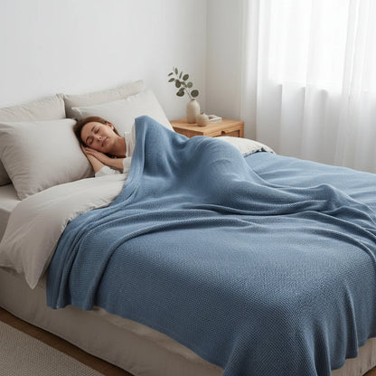 Couverture lit coton gaufré femme couchée endormie apaisée