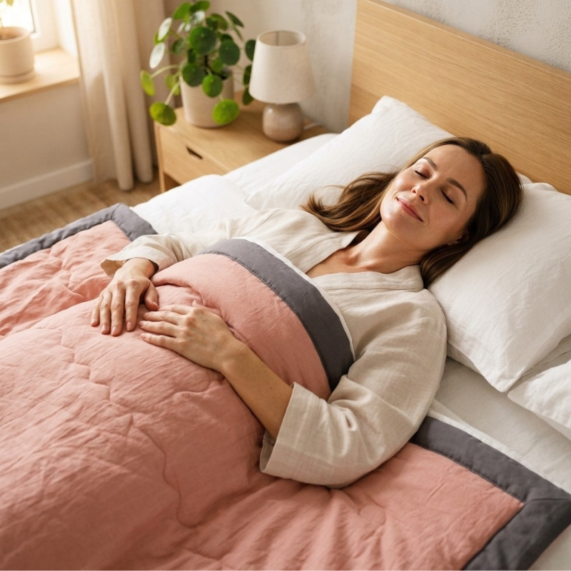 Couverture rafraîchissante rose saumon femme couchée sereine