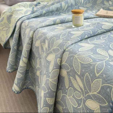 Couvre lit boutis botanique bleu gris vert blanc