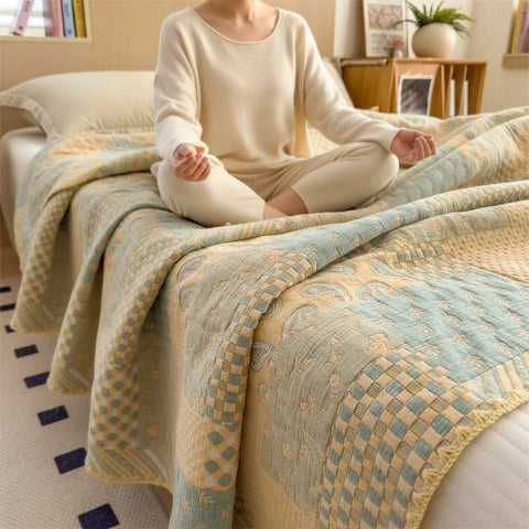 Couvre lit boutis patchwork vert jaune femme assise tailleur