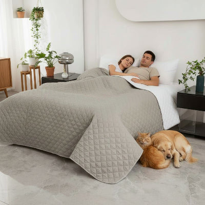 Couvre lit imperméable couple endormi chien chat sol