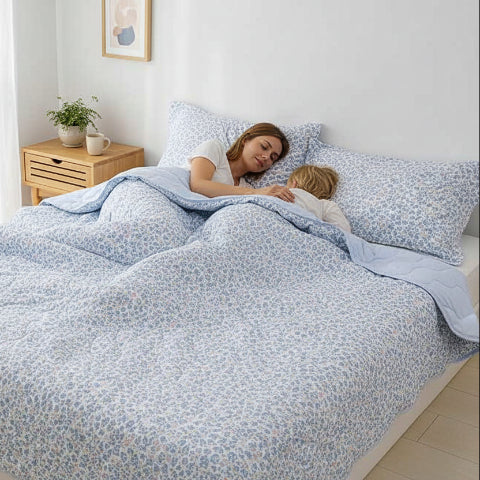 Couvre lit matelassé fleuri bleu femme enfant assoupi