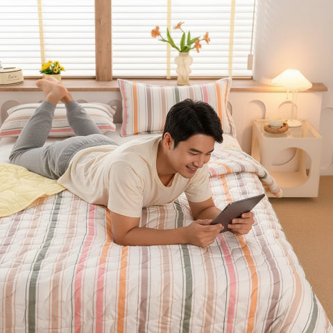 Couvre lit matelassé rayures pastels homme tablette