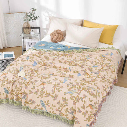 Couvre lits jeté beige oiseaux sur branches