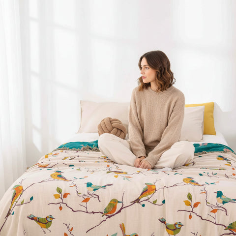 Couvre lits jeté oiseaux femme assise regarde fenêtre