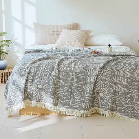 Couvre lits motifs géométrique bicolore gris avec franges