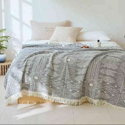 Couvre lits motifs géométrique bicolore gris avec franges