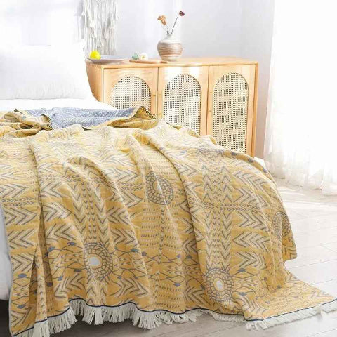 Couvre lits motifs géométriques bicolore jaune avec franges