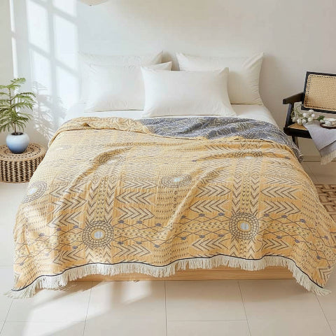 Couvre lits motifs géométriques bicolore gris jaune