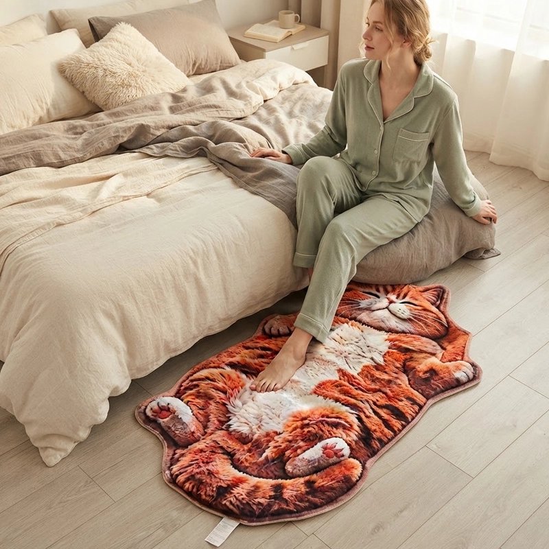descente-de-lit-tapis-chat-femme-assise