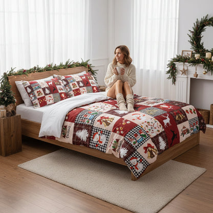 Drap de lit de Noël femme assise café mains
