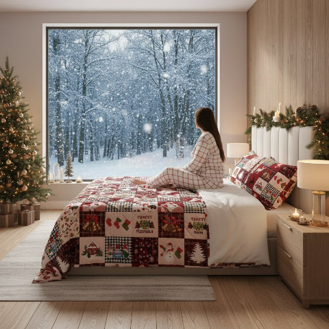 Drap de lit de Noël femme assise regarde dehors