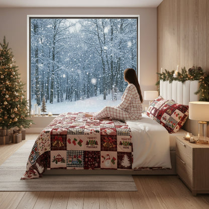 Drap de lit de Noël femme assise regarde dehors